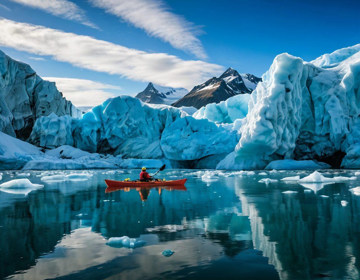 A breathtaking view of towering, sparkling Alaskan glaciers under a vibrant blue sky, with a group of adventurers in colorful gear, passionately kayaking in a glacial lagoon, surrounded by swirling icebergs. Include a polar bear in the background playfully watching the scene, and the northern lights faintly glowing above. This scene captures a sense of thrill and the majesty of nature. super-realistic. vibrant colors. panoramic.