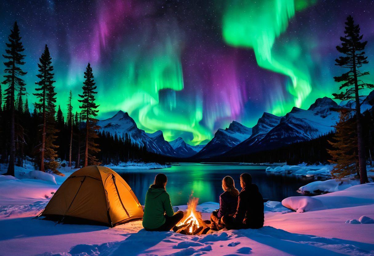 A romantic couple embracing under the dazzling Northern Lights, surrounded by pine trees and snow-capped mountains, with a cozy campfire flickering nearby. The night sky filled with vivid green and purple auroras creating a magical ambiance. In the foreground, hints of outdoor gear suggest adventure and exploration. Super-realistic, vibrant colors, serene atmosphere.
