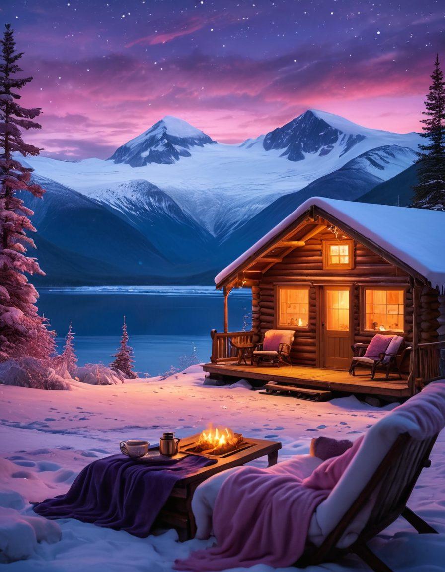 A breathtaking Alaskan landscape showcasing glowing glaciers under a twilight sky, with a cozy, candlelit cabin in the foreground. A couple wrapped in warm blankets, sipping hot cocoa, surrounded by twinkling fairy lights and soft snowflakes falling around them. The mountains in the distance reflect shades of pink and purple, encapsulating a romantic adventure in the wilderness. super-realistic. vibrant colors. cozy and warm atmosphere.